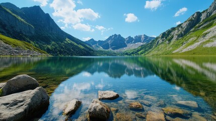Serene Mountain Lake with Clear Blue Sky and Reflection