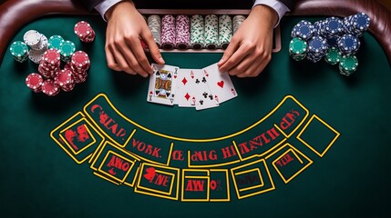 Blackjack table top view hands cards tokens laid strategic moves casino game. AI generated
