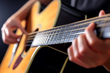 Fototapeta premium A close-up of guitar strings, with fingers gently plucking and strumming as music fills the air