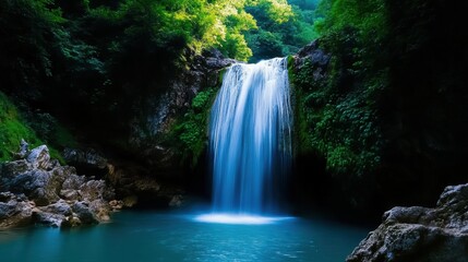 Fototapeta premium Serene Waterfall in Lush Green Forest Landscape