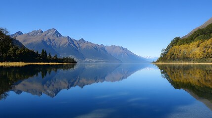 56. A serene lake with reflections of mountains and trees