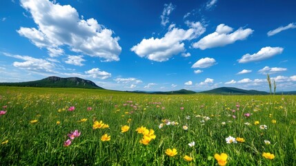 Obraz premium Vibrant Meadow Under Blue Sky with Fluffy Clouds