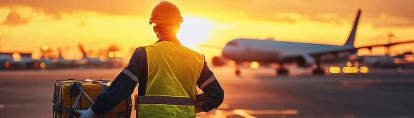 A worker in safety gear oversees airport operations at sunset, capturing the essence of dedication and teamwork in aviation.