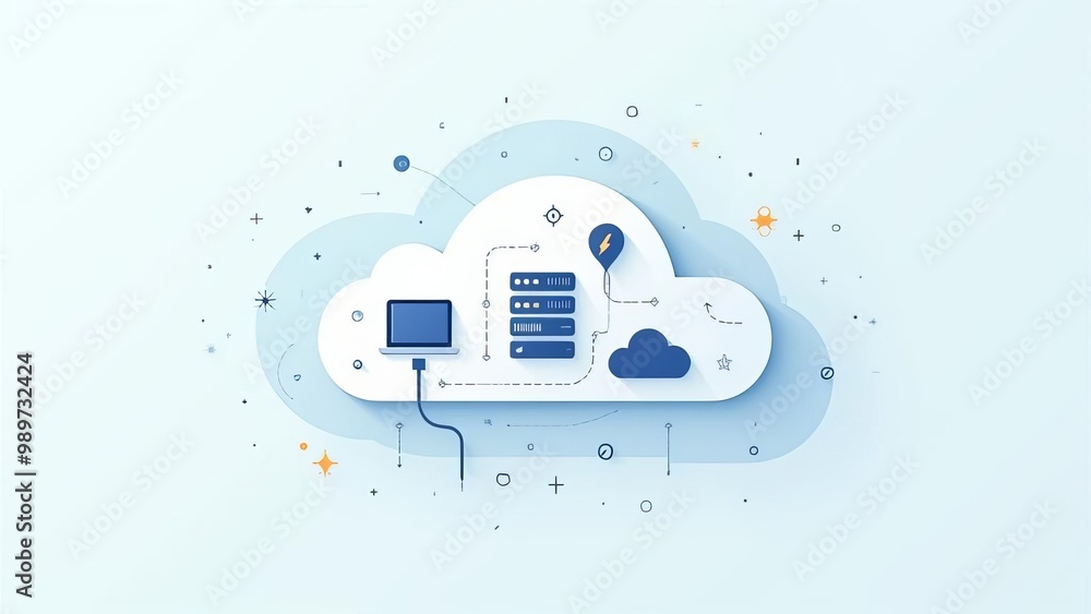 Poster cloud computing network illustration: digital data storage and online information exchange for moder