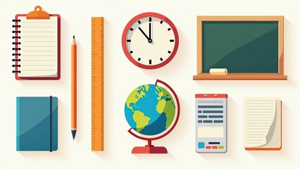 Education Supplies Flat Icons: Essential School and Learning Tools for Academic Success and Knowledge Acquisition