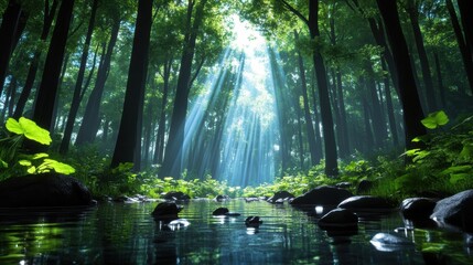 Obraz premium Sunlight Through Trees in Lush Green Forest