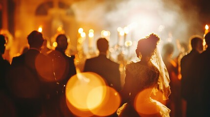 Romantic wedding scene with guests in silhouette, soft candlelight ambience creating an enchanting atmosphere for a memorable celebration.