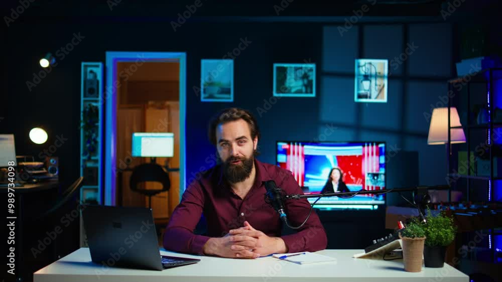 Poster content creator using mic in studio to do asmr video, discussing with viewers using soothing voice. 