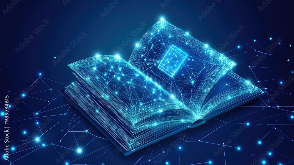Poster digital intelligence: ai generating ebook in 2d flat vector style with polygonal design on blue back