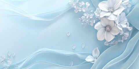 A serene blue background with delicate white flowers and flowing fabric elements.