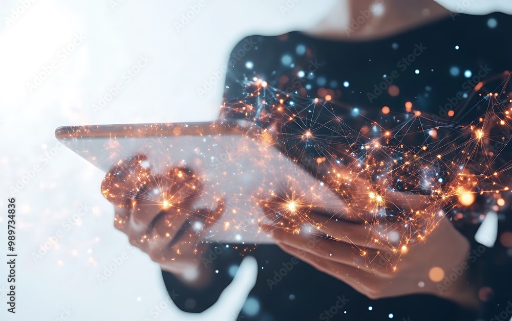 Poster Close-up of Hands Holding Tablet with Glowing Digital Data Networks on White Background