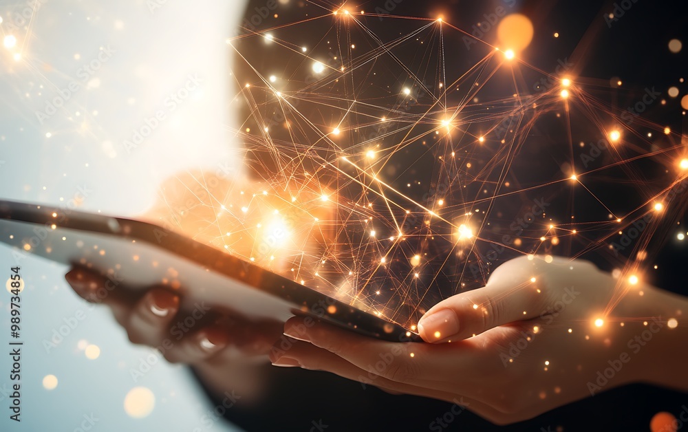 Poster close-up of hands holding tablet with glowing digital data networks on white background