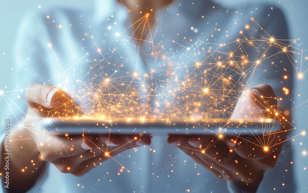 Poster close-up of hands holding tablet with glowing digital data networks on white background