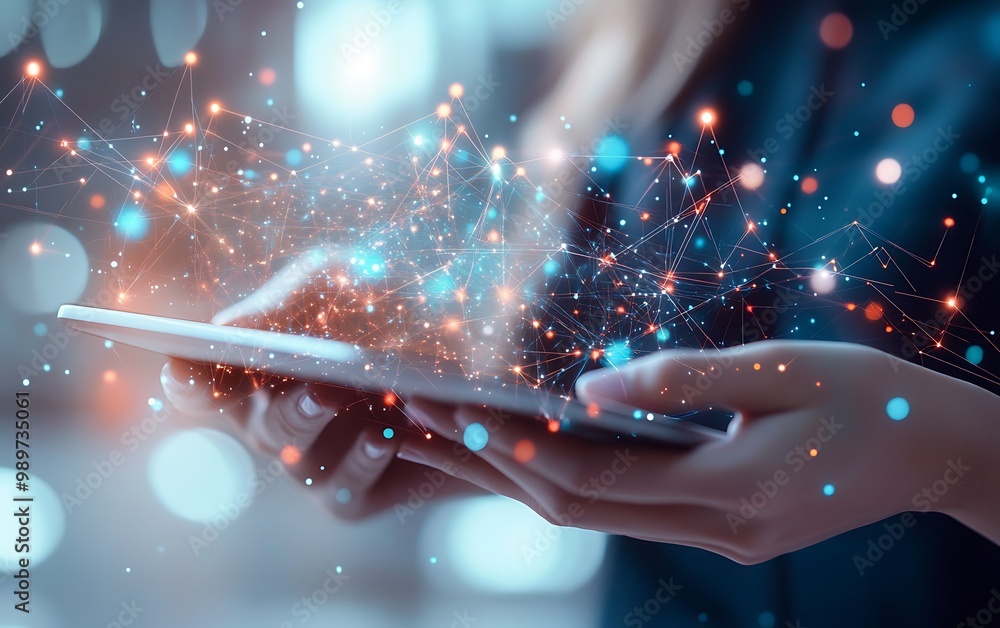 Poster close-up of hands holding tablet with glowing digital data networks on white background