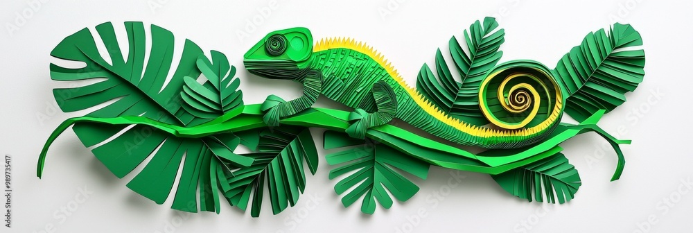 Poster beautifully crafted chameleon made from layered green and yellow paper appears to rest on a stylized
