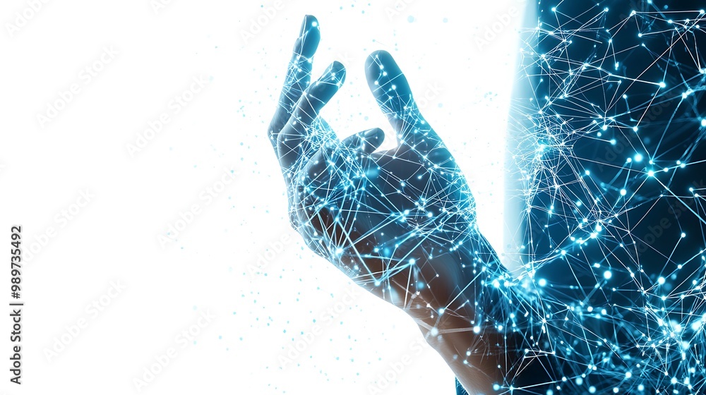 Poster hand interacting with touch screen overlaid with glowing global business networks