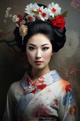 Naklejka premium Timeless poise - portrait geisha, serene and dignified expression, delicate balance of grace and strength, portraying exquisite craftsmanship of kimono, accessories in japanese cultural tradition.