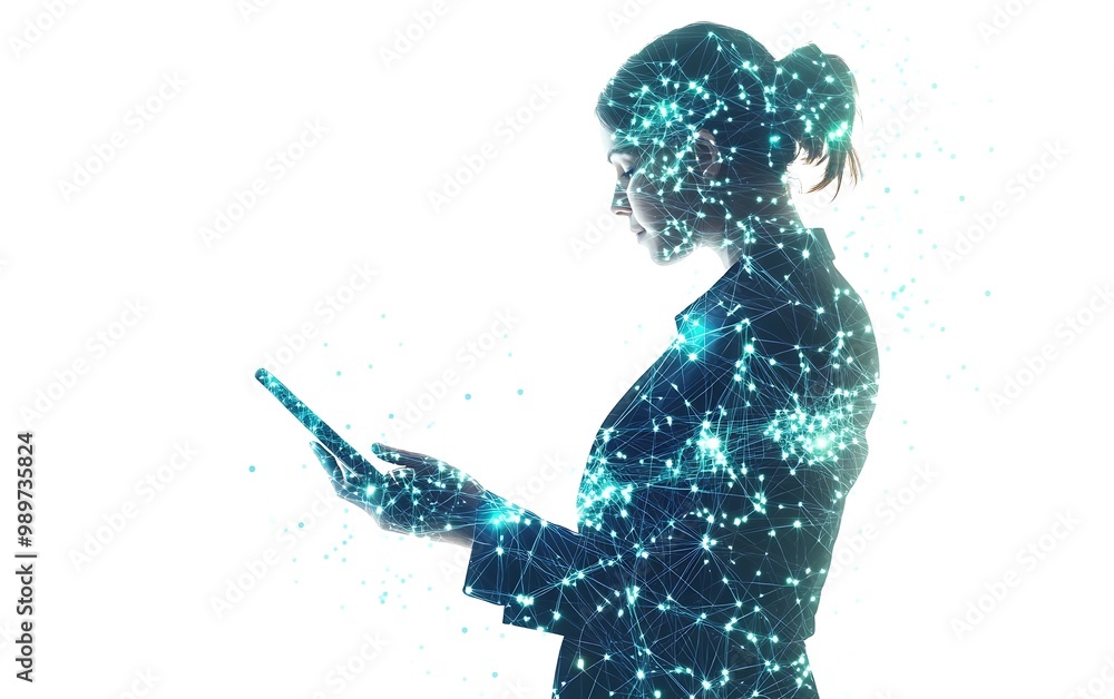 Poster Tablet Held by Businessperson with Digital Network Web and Connecting Nodes in Double Exposure