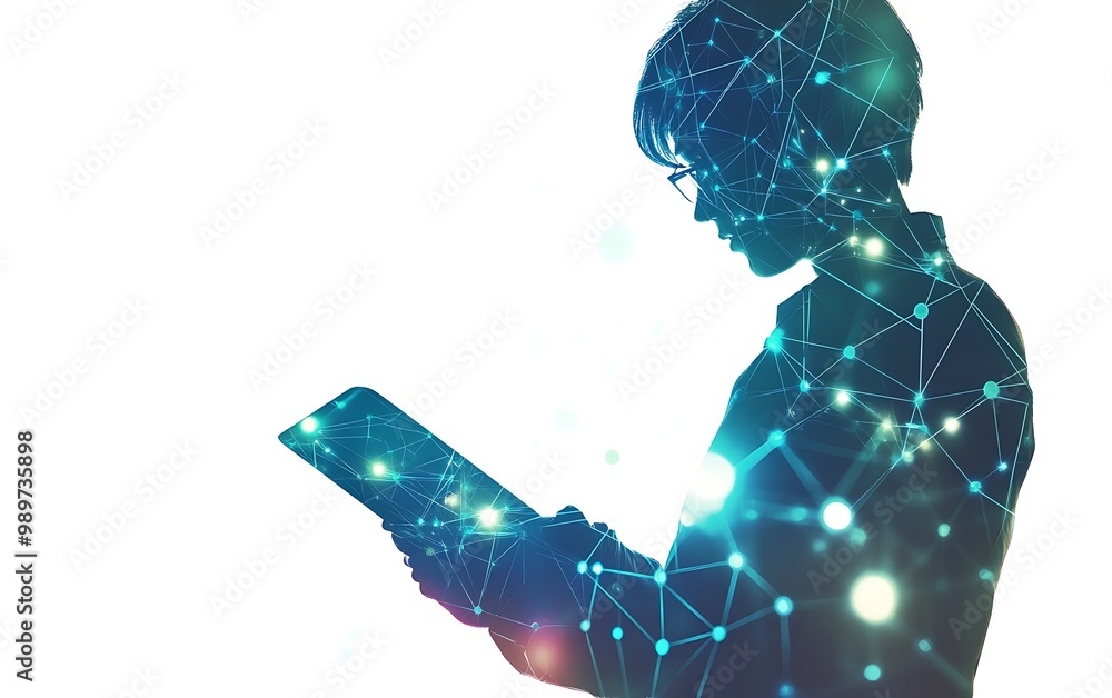 Aufkleber tablet held by businessperson with digital network web and connecting nodes in double exposure