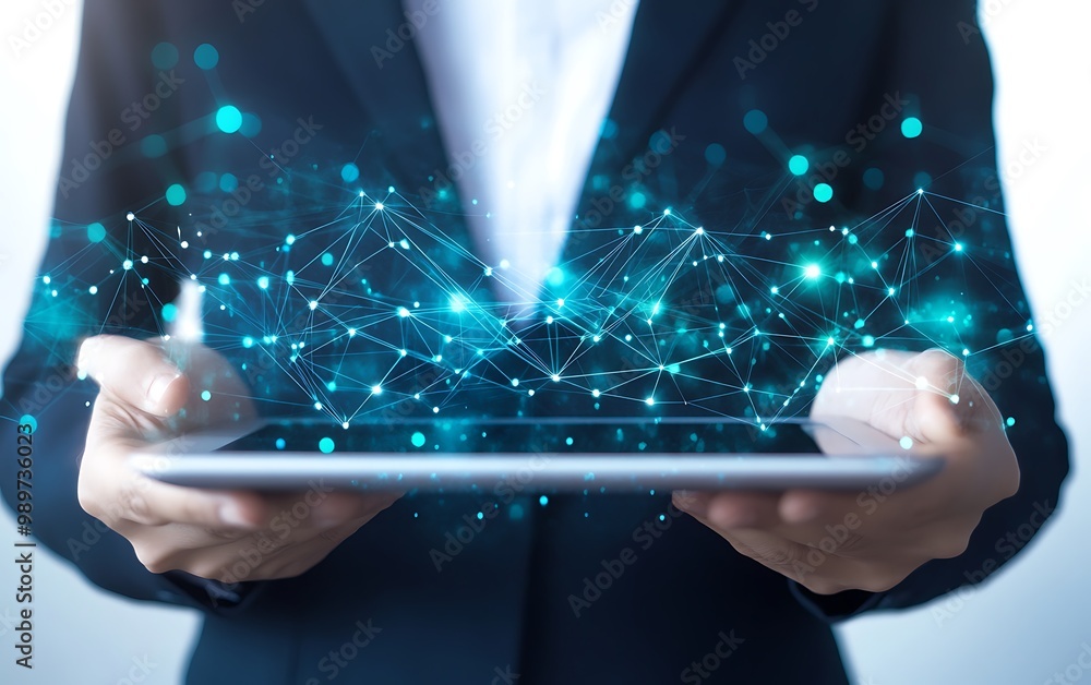 Poster Tablet Held by Businessperson with Digital Network Web and Connecting Nodes in Double Exposure