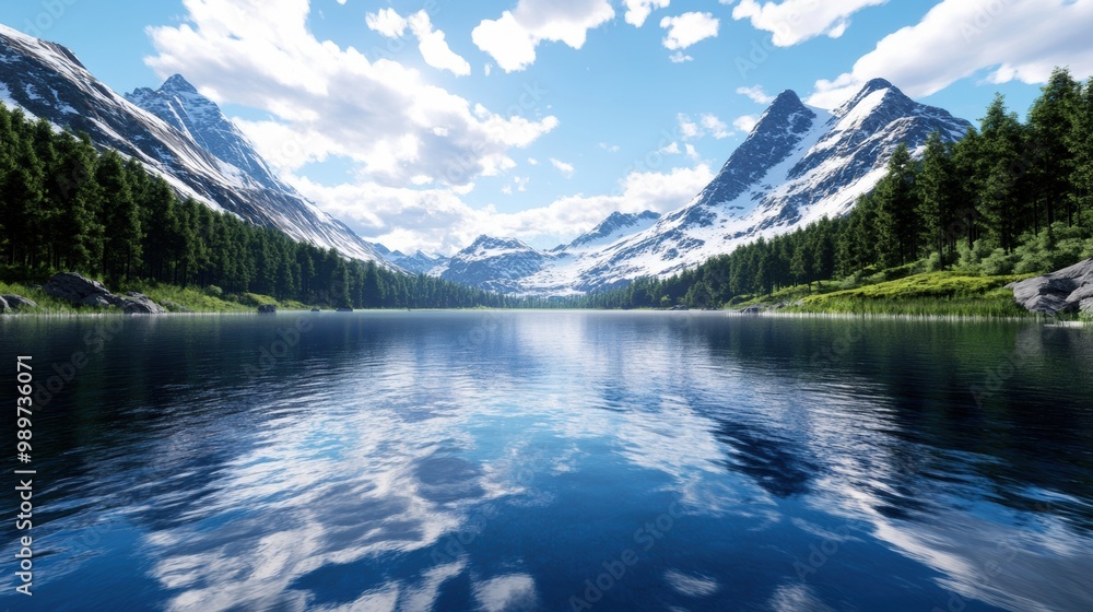 Wall mural serene mountain landscape with reflective lake