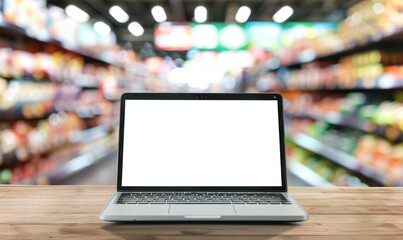 Laptop with blank white screen on a wooden table in a supermarket with shelves of products in the background.