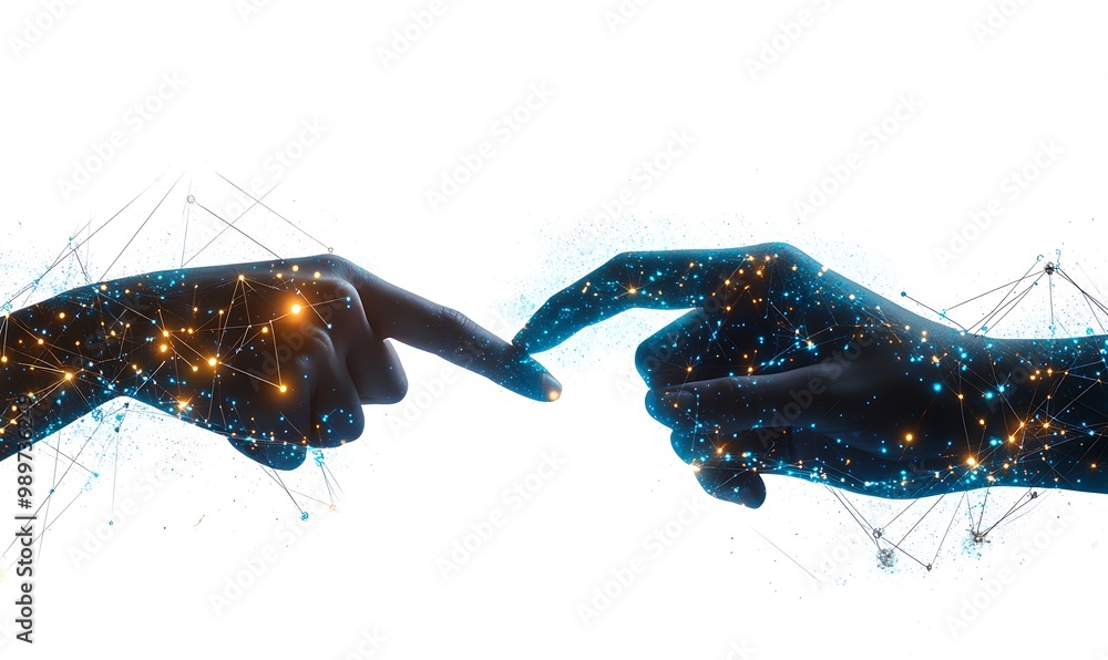 Aufkleber Hands Pointing at Digital Screen with Glowing Data Lines and Network Connections in Double Exposure