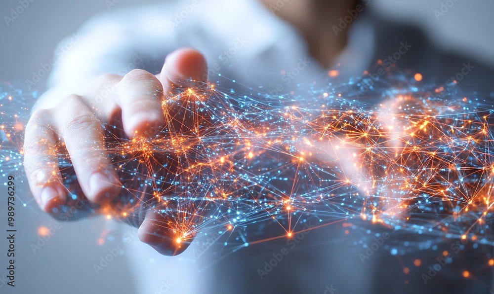 Fototapete hands pointing at digital screen with glowing data lines and network connections in double exposure