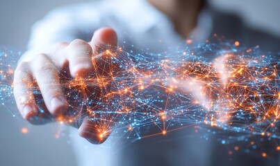 Hands Pointing at Digital Screen with Glowing Data Lines and Network Connections in Double Exposure