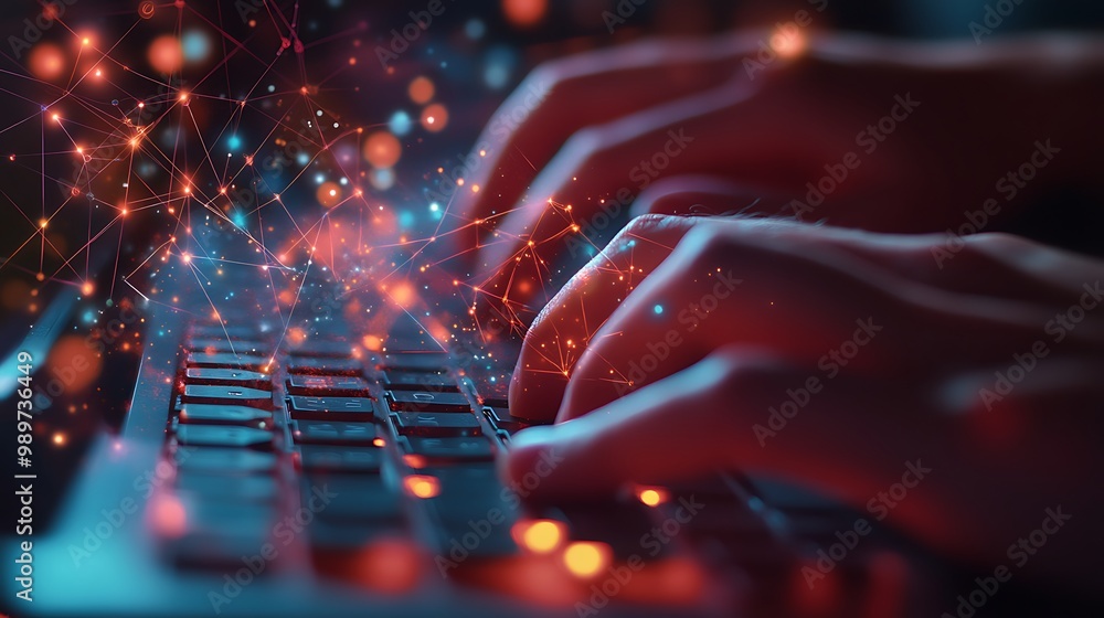 Fototapete Hands Typing on Keyboard with Glowing Digital Connections and Data Points Overlay
