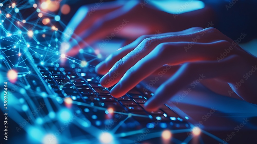 Fototapete Hands Typing on Keyboard with Glowing Digital Connections and Data Points Overlay