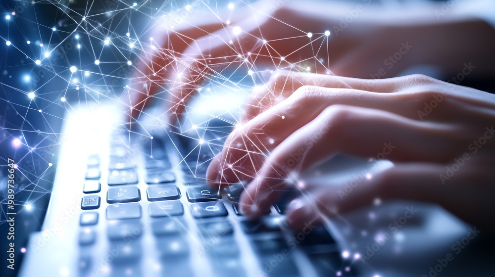 Leinwandbilder Hands Typing on Keyboard with Glowing Digital Connections and Data Points Overlay