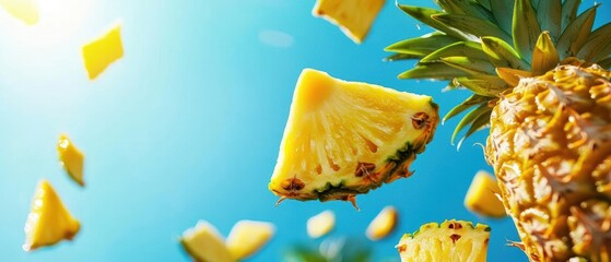 Naklejka premium Fresh pineapple slices floating against a bright blue sky, showcasing vibrant yellow and green colors, perfect for summer themes.