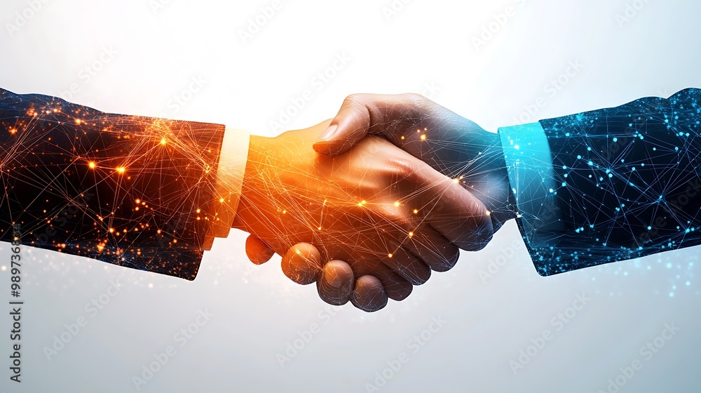 Poster businesspeople shaking hands with glowing digital data streams and network connections in double exp