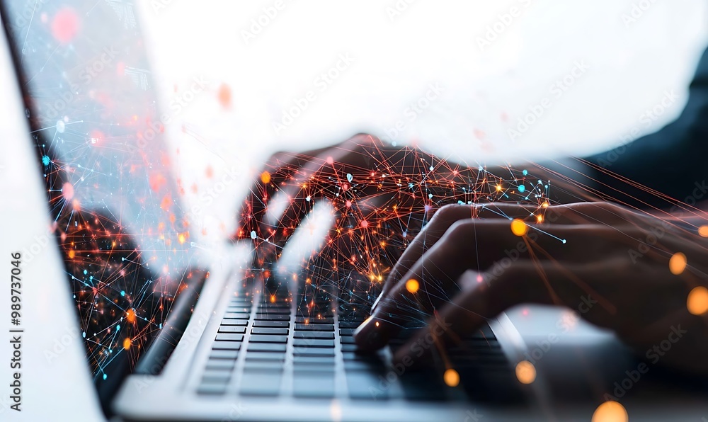 Aufkleber Businesspeople's Hands Typing on Laptops with Connecting Digital Data Lines and Vibrant Nodes in Double Exposure