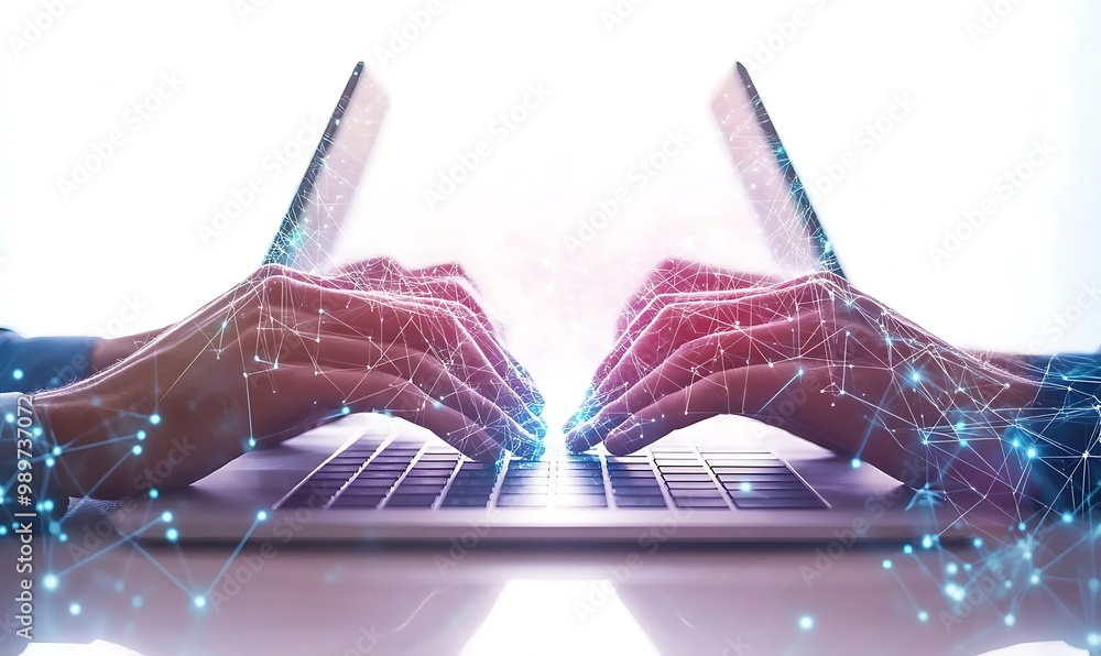 Poster Businesspeople's Hands Typing on Laptops with Connecting Digital Data Lines and Vibrant Nodes in Double Exposure
