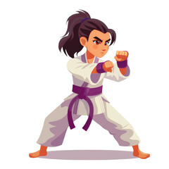 A young woman in a white karate uniform and a purple belt, stands in a fighting stance.