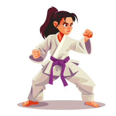 Obraz premium A female martial artist in a white uniform with a purple belt stands in a fighting stance.