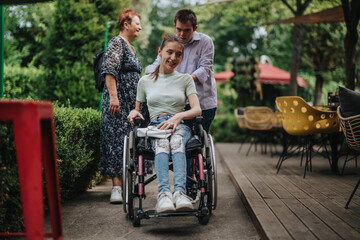 A young boy with Down syndrome pushing a smiling girl in a wheelchair along a park path, with a woman following them and offering support.