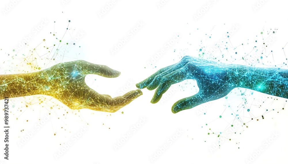 Poster Hands Exchanging Document with Glowing Digital Data Grids and Flowing Connections in Double Exposure
