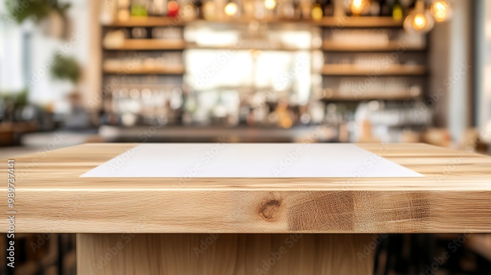 Poster a white table is presented on a desk against a blurred background the wood counter is empty and sits