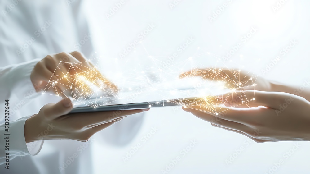 Poster Hands Passing Digital Tablet with Flowing Data Streams and Connected Nodes in Double Exposure