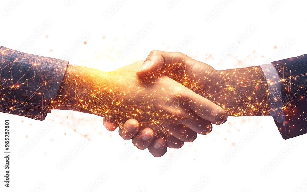 Poster business partners shaking hands with glowing data connections in double exposure symbolizing global 