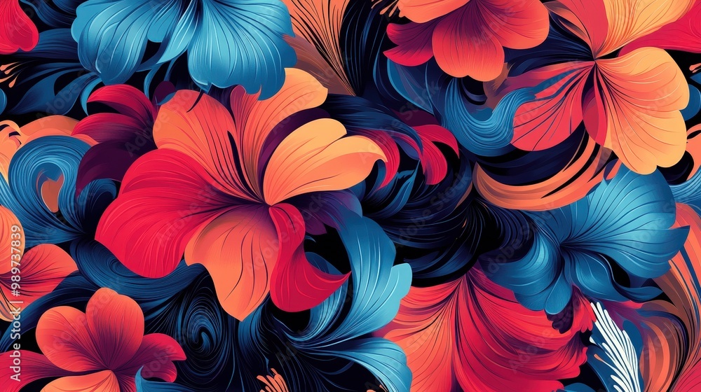 Poster vibrant minimalist floral vector pattern with dynamic swirls and layered elements