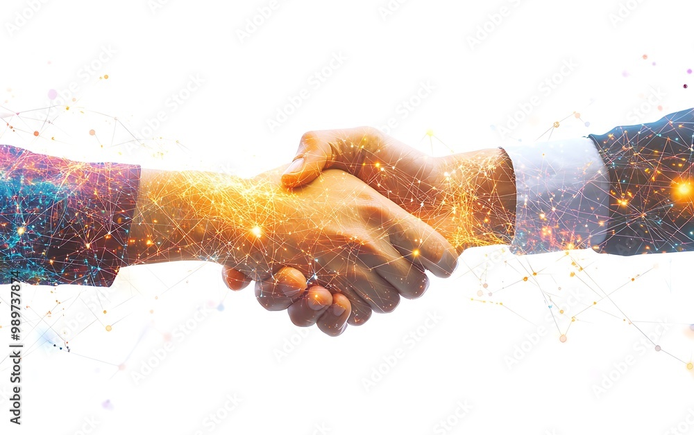 Poster business partners shaking hands with glowing data connections in double exposure symbolizing global 