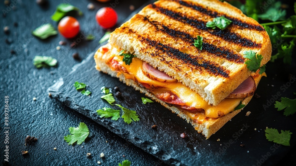 Poster delicious grilled cheese and ham toastie with cilantro on rustic stone table - flat vector template 