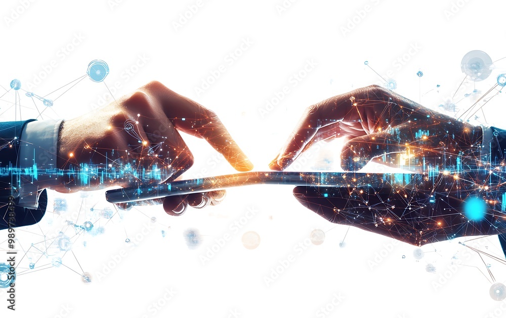 Poster businesspeople's hands working on tablet with flowing digital information and data connections in do