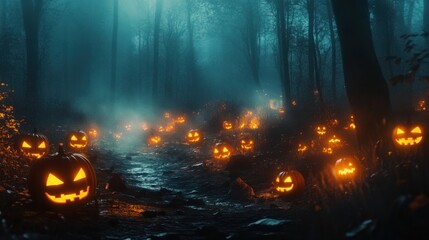 Naklejka premium Dark forest with glowing jack-o'-lanterns lining a path and fog swirling around.