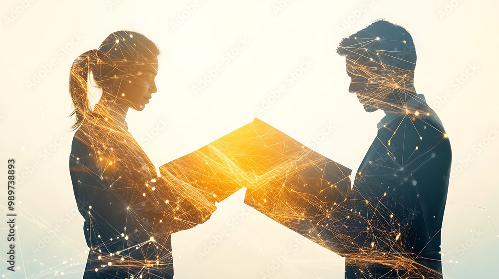 Poster businesspeople passing documents with glowing digital network connections in double exposure