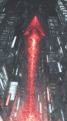 Naklejka premium Red arrow soaring over a futuristic city.